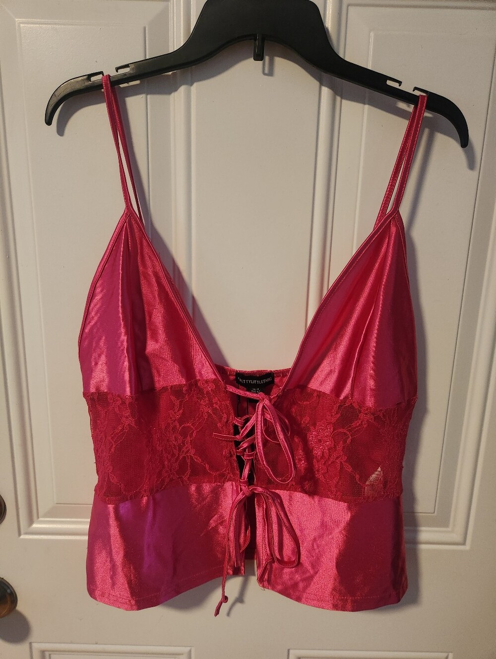 NWT Pretty Little Thing Satin-like Lace-Front Cami Top Hot Pink Size 12/L